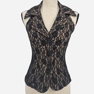 90s Vintage Park Avenue Black Lace Halter Top Sheer Button Front